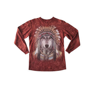 The Mountain Wolf Spirit Chief Native American Animal Red Rust Long Sleeve Shirt